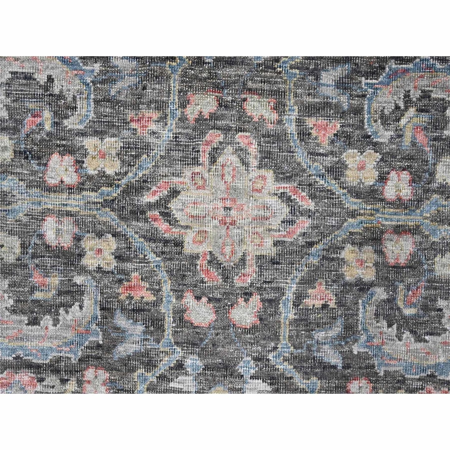 Distressed Antique Oushak Charcoal and Blue Floral Hand Knotted 8x10 Wool Area Rug