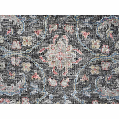 Distressed Antique Oushak Charcoal and Blue Floral Hand Knotted 8x10 Wool Area Rug