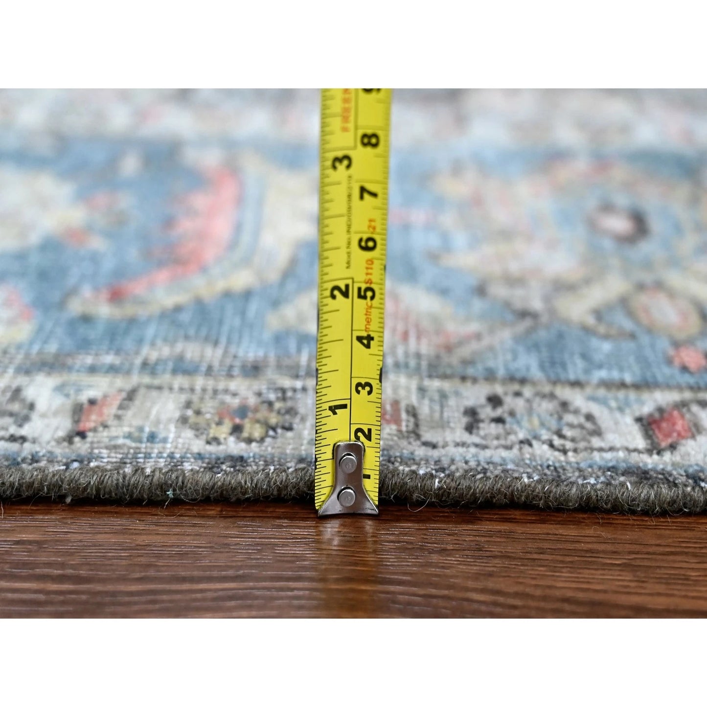 Distressed Antique Oushak Charcoal and Blue Floral Hand Knotted 8x10 Wool Area Rug