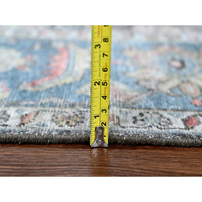 Distressed Antique Oushak Charcoal and Blue Floral Hand Knotted 8x10 Wool Area Rug