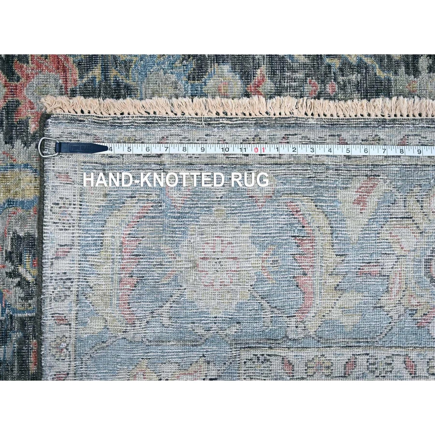 Distressed Antique Oushak Charcoal and Blue Floral Hand Knotted 8x10 Wool Area Rug