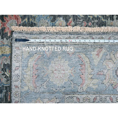 Distressed Antique Oushak Charcoal and Blue Floral Hand Knotted 8x10 Wool Area Rug