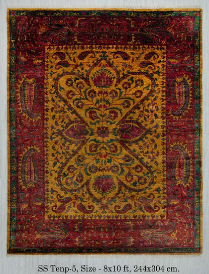 Antique Oushak Jewel-Toned Saffron Gold and Crimson Floral Hand Knotted 8x10 Wool Area Rug