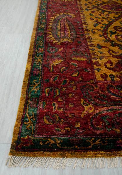 Antique Oushak Jewel-Toned Saffron Gold and Crimson Floral Hand Knotted 8x10 Wool Area Rug