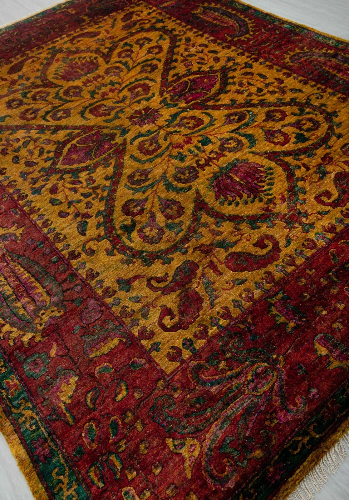 Antique Oushak Jewel-Toned Saffron Gold and Crimson Floral Hand Knotted 8x10 Wool Area Rug