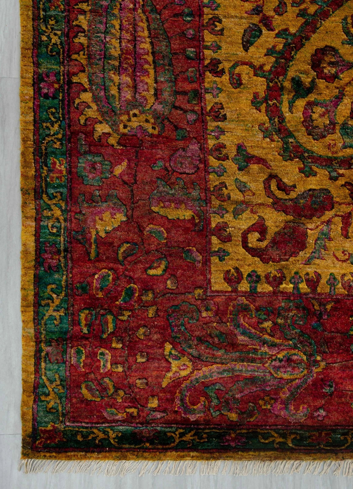 Antique Oushak Jewel-Toned Saffron Gold and Crimson Floral Hand Knotted 8x10 Wool Area Rug