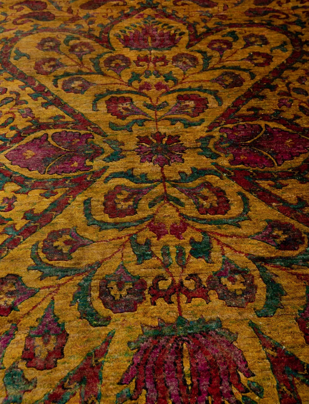 Antique Oushak Jewel-Toned Saffron Gold and Crimson Floral Hand Knotted 8x10 Wool Area Rug