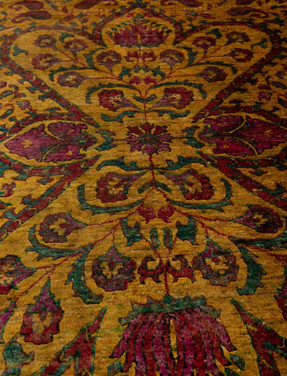 Antique Oushak Jewel-Toned Saffron Gold and Crimson Floral Hand Knotted 8x10 Wool Area Rug