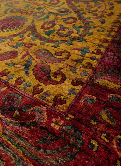 Antique Oushak Jewel-Toned Saffron Gold and Crimson Floral Hand Knotted 8x10 Wool Area Rug