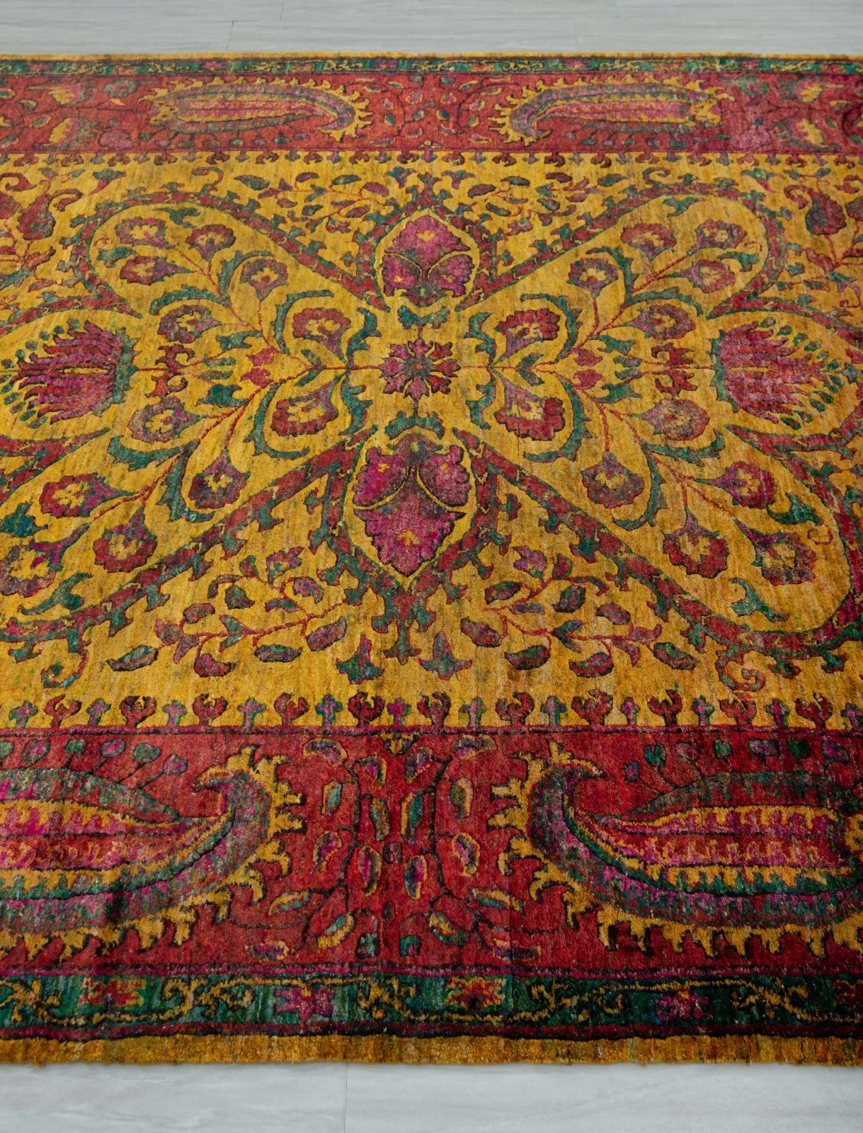 Antique Oushak Jewel-Toned Saffron Gold and Crimson Floral Hand Knotted 8x10 Wool Area Rug