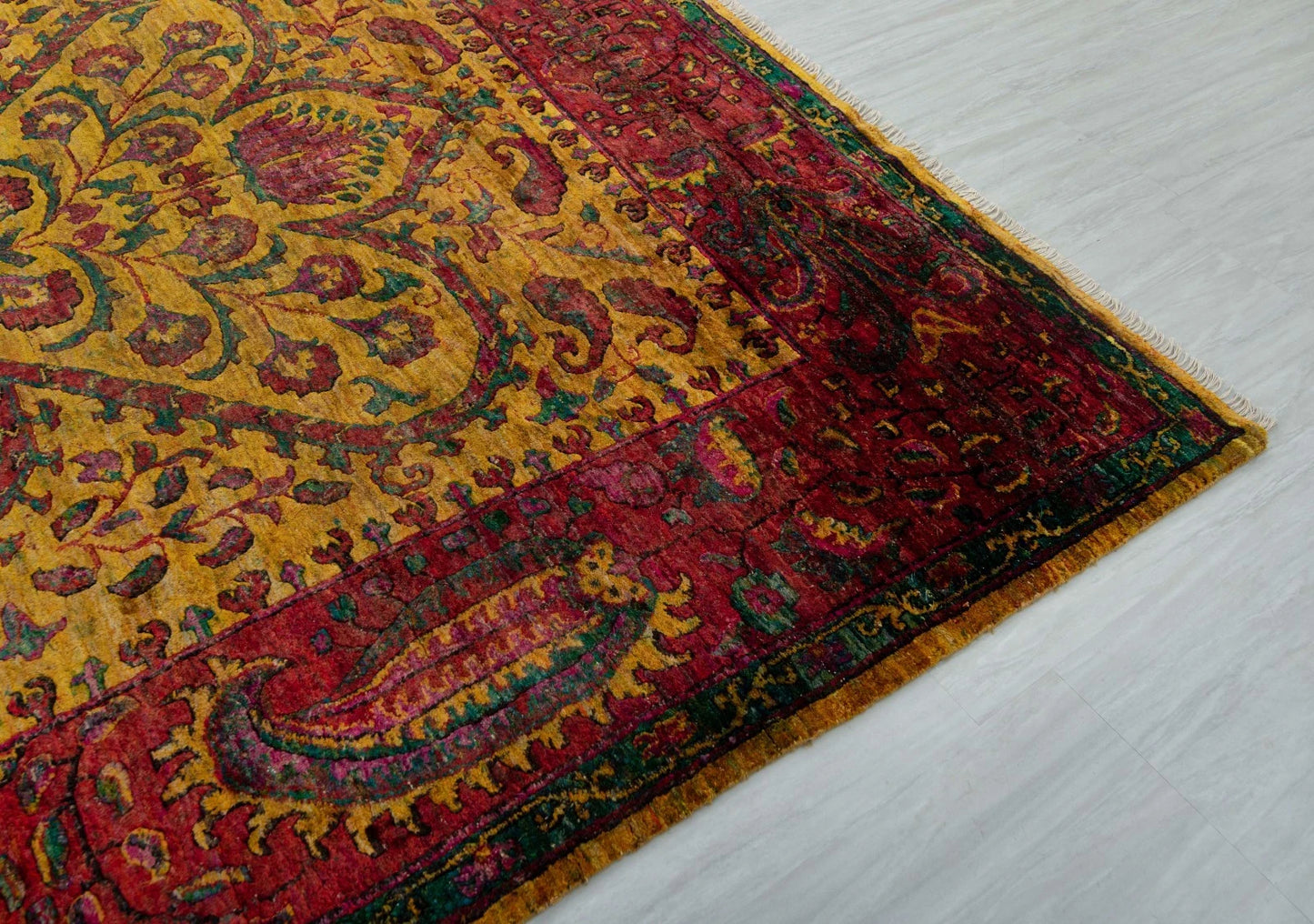 Antique Oushak Jewel-Toned Saffron Gold and Crimson Floral Hand Knotted 8x10 Wool Area Rug