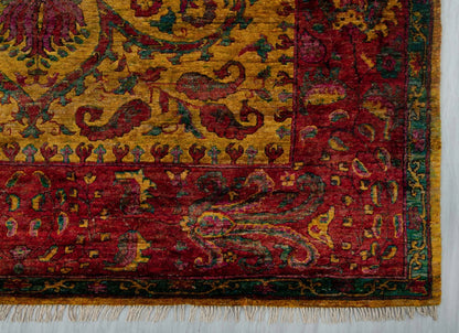 Antique Oushak Jewel-Toned Saffron Gold and Crimson Floral Hand Knotted 8x10 Wool Area Rug
