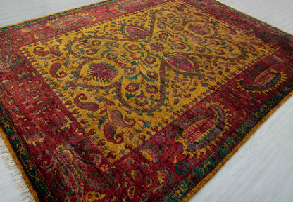 Antique Oushak Jewel-Toned Saffron Gold and Crimson Floral Hand Knotted 8x10 Wool Area Rug