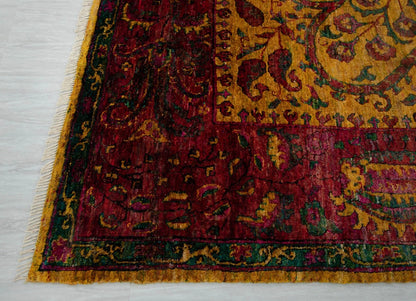 Antique Oushak Jewel-Toned Saffron Gold and Crimson Floral Hand Knotted 8x10 Wool Area Rug