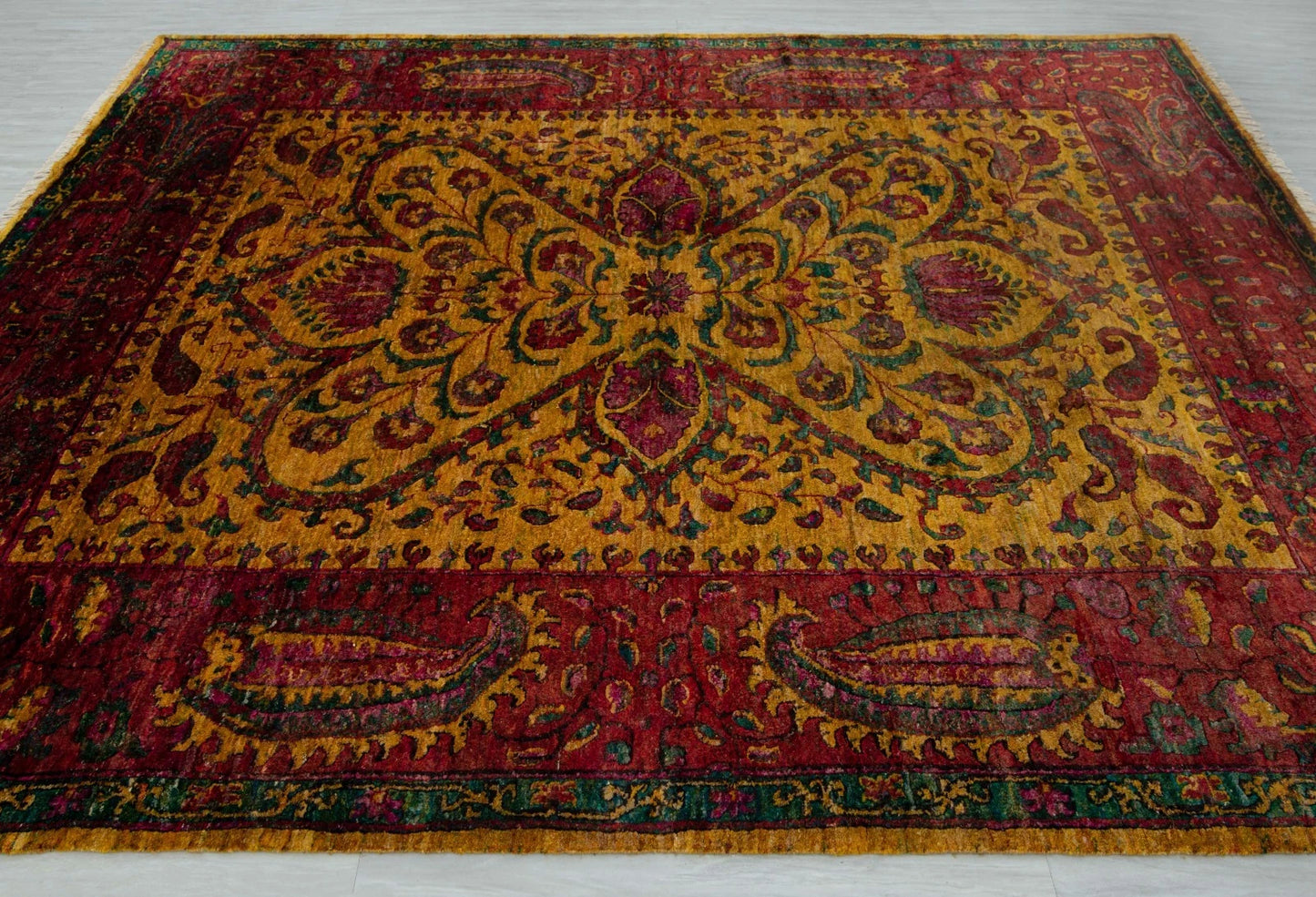 Antique Oushak Jewel-Toned Saffron Gold and Crimson Floral Hand Knotted 8x10 Wool Area Rug