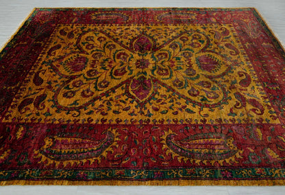 Antique Oushak Jewel-Toned Saffron Gold and Crimson Floral Hand Knotted 8x10 Wool Area Rug