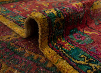 Antique Oushak Jewel-Toned Saffron Gold and Crimson Floral Hand Knotted 8x10 Wool Area Rug