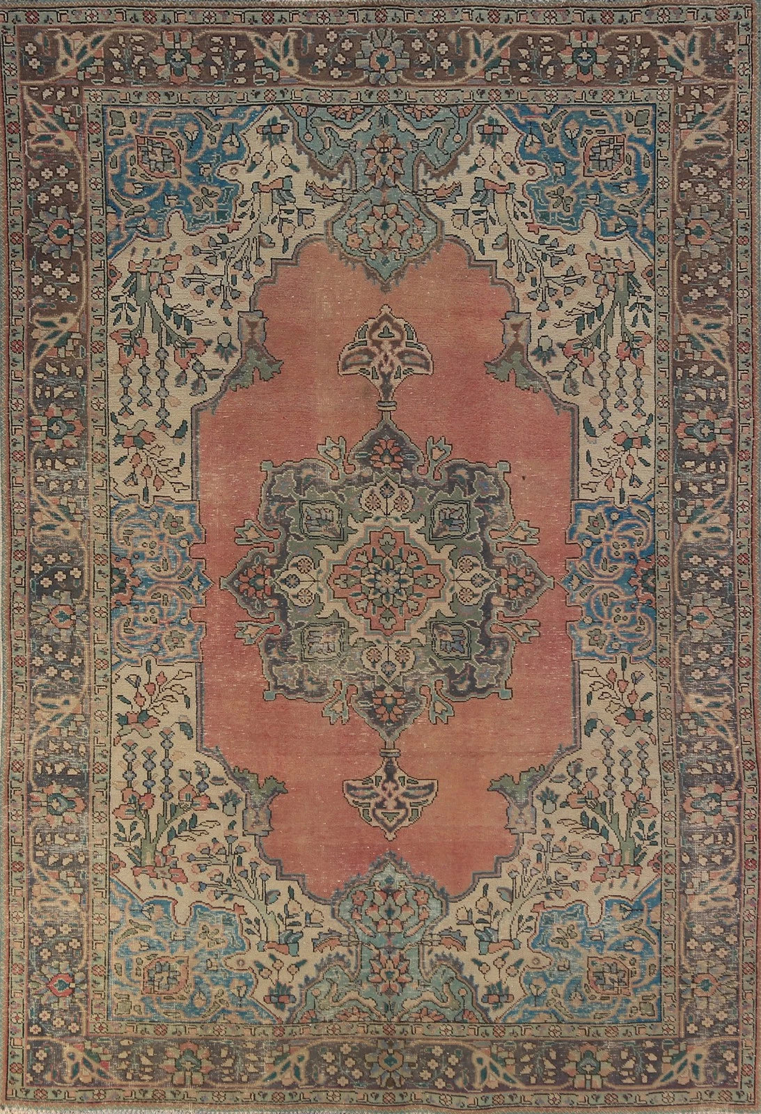 Medallion Floral Heriz Terracotta and Ivory Antique 8x10 Hand Knotted Wool Area Rug