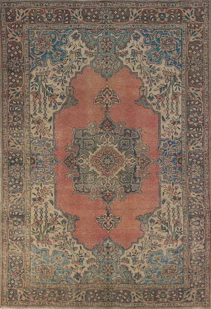 Medallion Floral Heriz Terracotta and Ivory Antique 8x10 Hand Knotted Wool Area Rug