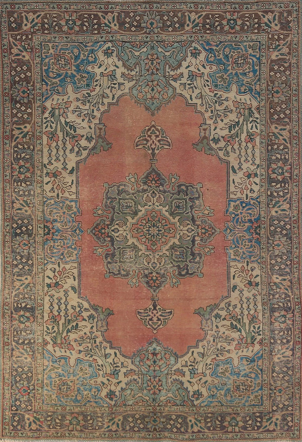Medallion Floral Heriz Terracotta and Ivory Antique 8x10 Hand Knotted Wool Area Rug