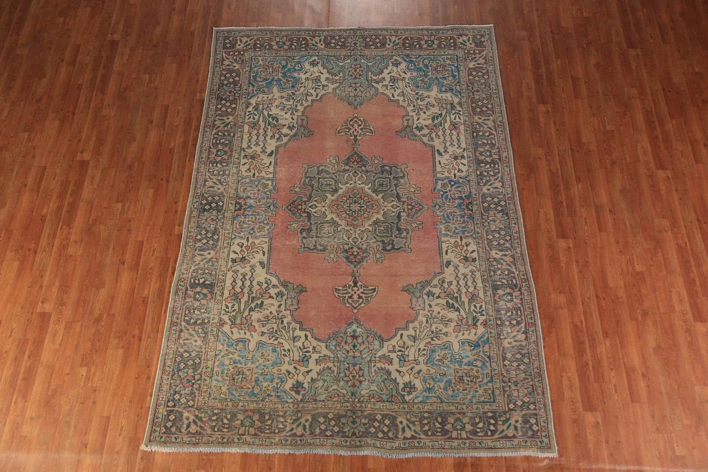 Medallion Floral Heriz Terracotta and Ivory Antique 8x10 Hand Knotted Wool Area Rug