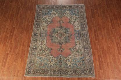 Medallion Floral Heriz Terracotta and Ivory Antique 8x10 Hand Knotted Wool Area Rug