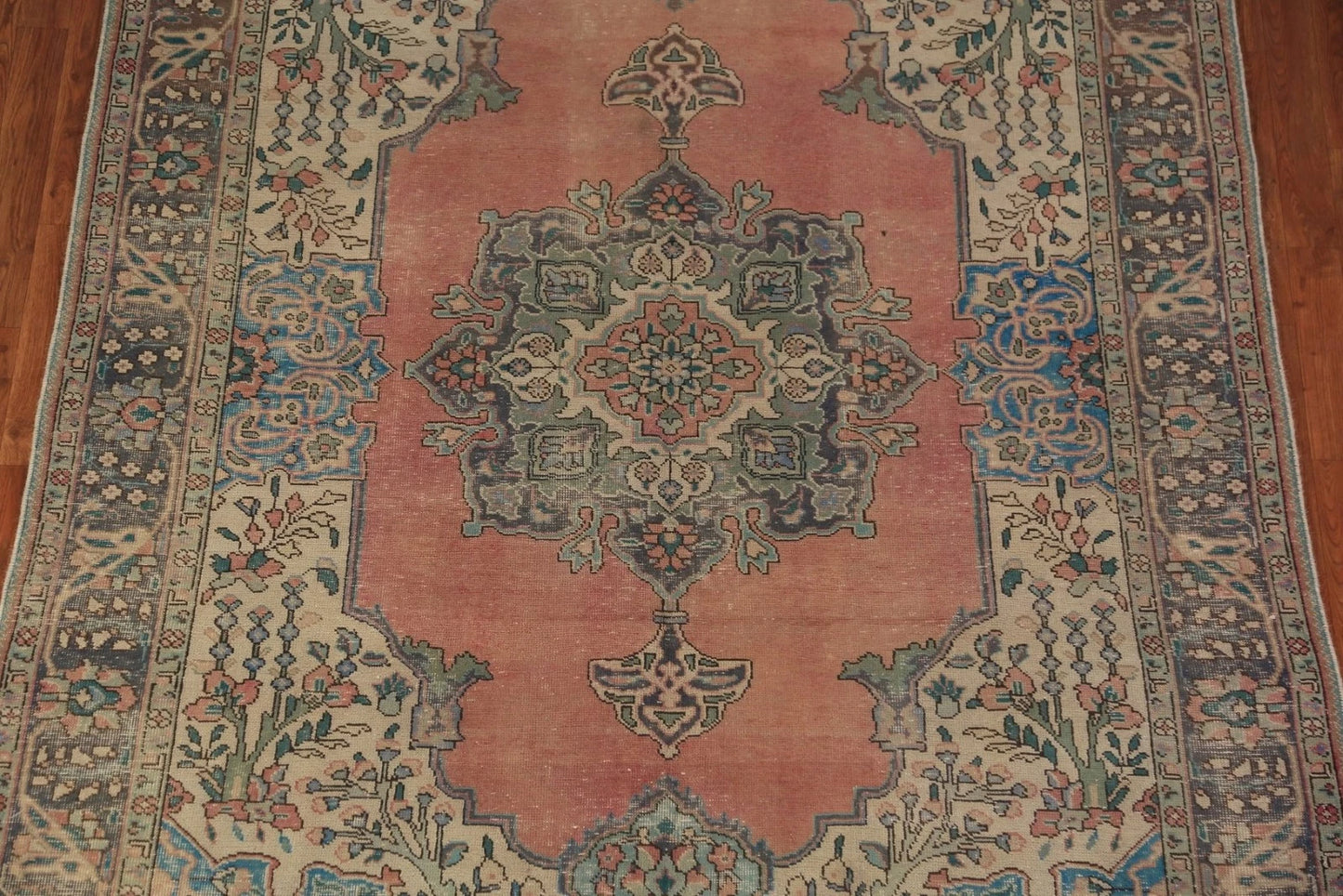 Medallion Floral Heriz Terracotta and Ivory Antique 8x10 Hand Knotted Wool Area Rug