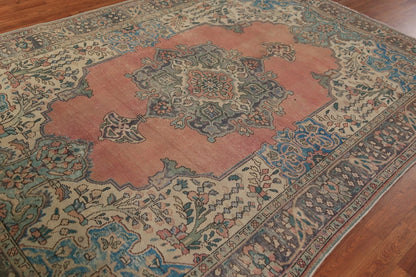 Medallion Floral Heriz Terracotta and Ivory Antique 8x10 Hand Knotted Wool Area Rug