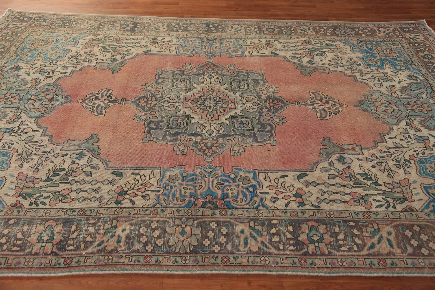 Medallion Floral Heriz Terracotta and Ivory Antique 8x10 Hand Knotted Wool Area Rug
