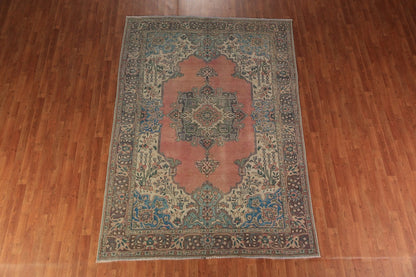 Medallion Floral Heriz Terracotta and Ivory Antique 8x10 Hand Knotted Wool Area Rug