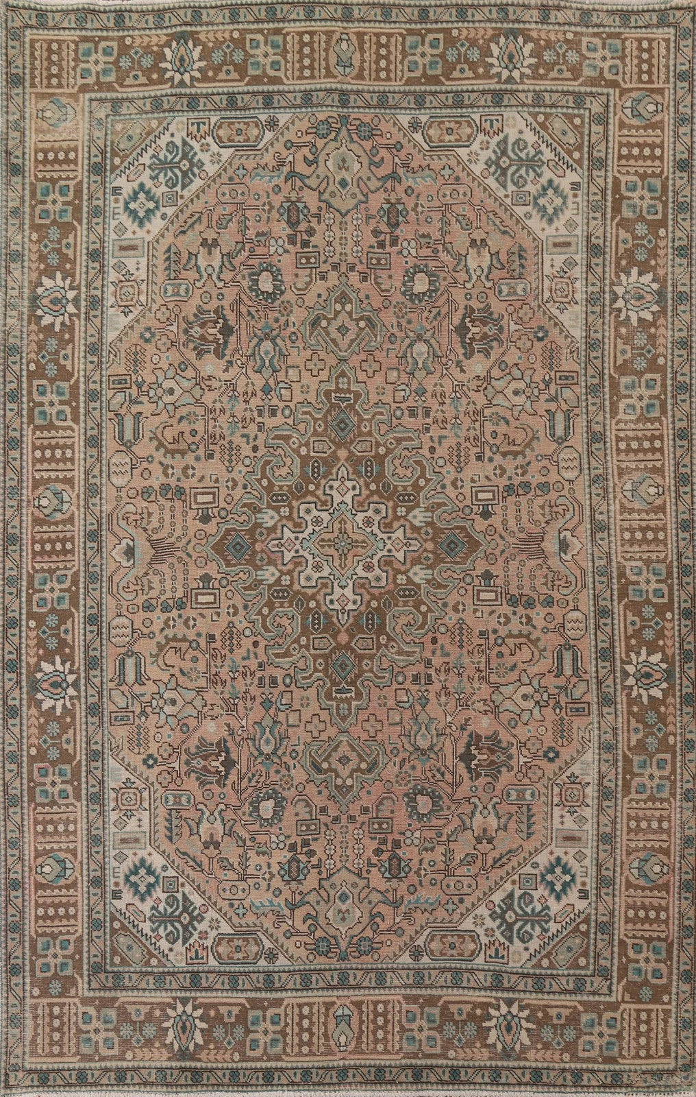 Hand Knotted Antique Heriz Warm Taupe and Sage 8x10 Geometric Medallion Wool Area Rug