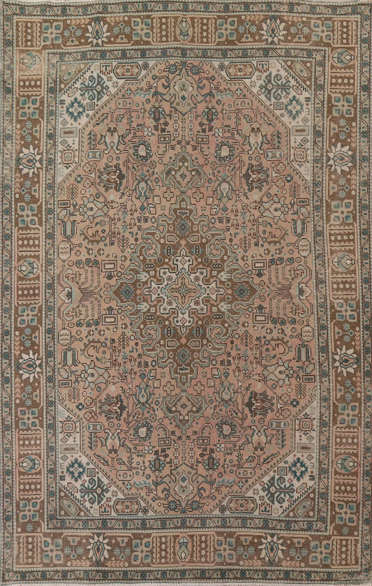 Hand Knotted Antique Heriz Warm Taupe and Sage 8x10 Geometric Medallion Wool Area Rug
