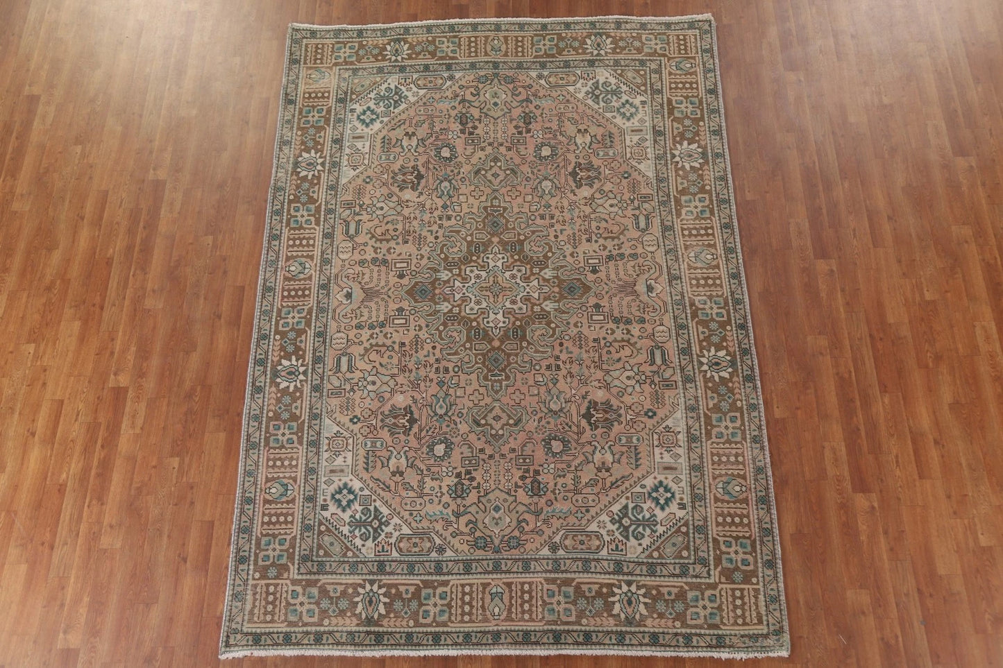 Hand Knotted Antique Heriz Warm Taupe and Sage 8x10 Geometric Medallion Wool Area Rug