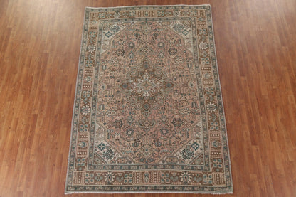 Hand Knotted Antique Heriz Warm Taupe and Sage 8x10 Geometric Medallion Wool Area Rug