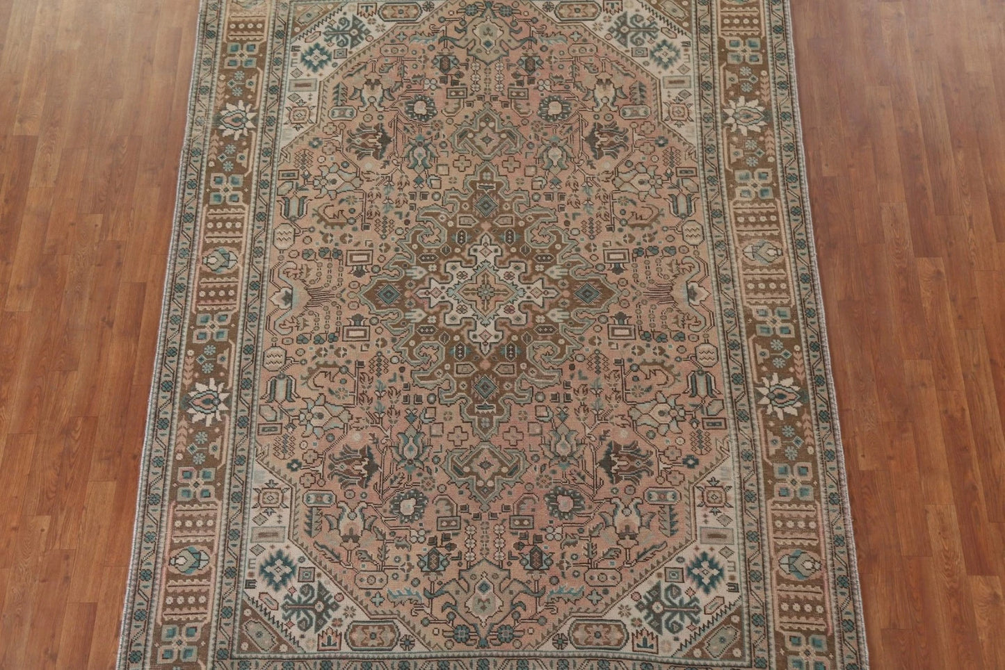 Hand Knotted Antique Heriz Warm Taupe and Sage 8x10 Geometric Medallion Wool Area Rug