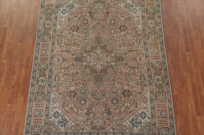 Hand Knotted Antique Heriz Warm Taupe and Sage 8x10 Geometric Medallion Wool Area Rug