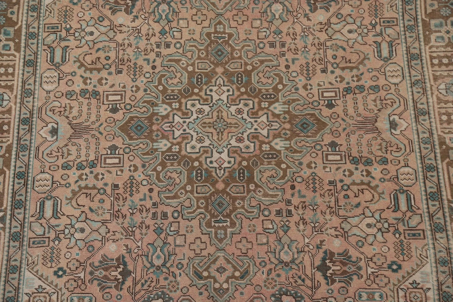 Hand Knotted Antique Heriz Warm Taupe and Sage 8x10 Geometric Medallion Wool Area Rug