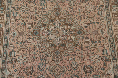 Hand Knotted Antique Heriz Warm Taupe and Sage 8x10 Geometric Medallion Wool Area Rug
