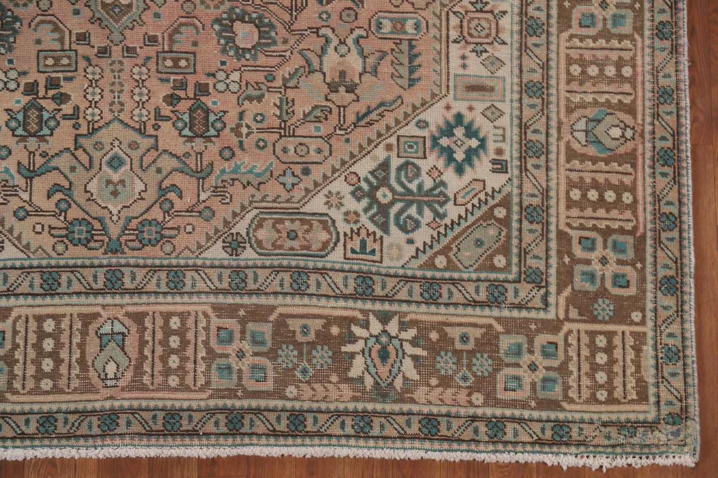 Hand Knotted Antique Heriz Warm Taupe and Sage 8x10 Geometric Medallion Wool Area Rug