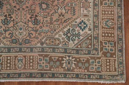 Hand Knotted Antique Heriz Warm Taupe and Sage 8x10 Geometric Medallion Wool Area Rug