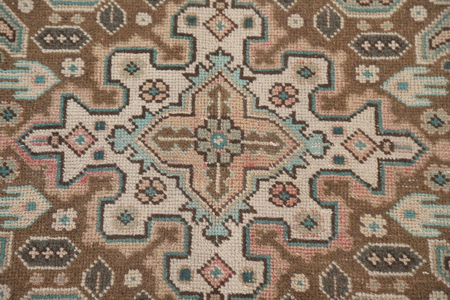 Hand Knotted Antique Heriz Warm Taupe and Sage 8x10 Geometric Medallion Wool Area Rug