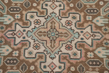 Hand Knotted Antique Heriz Warm Taupe and Sage 8x10 Geometric Medallion Wool Area Rug
