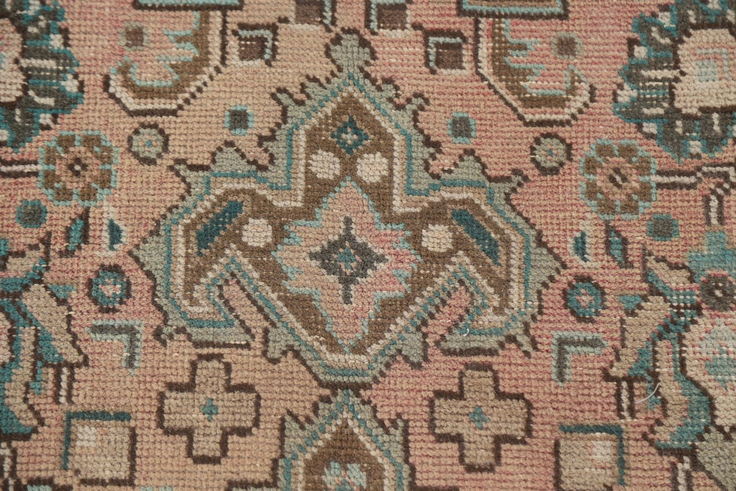 Hand Knotted Antique Heriz Warm Taupe and Sage 8x10 Geometric Medallion Wool Area Rug
