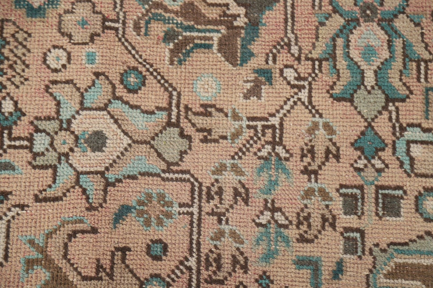 Hand Knotted Antique Heriz Warm Taupe and Sage 8x10 Geometric Medallion Wool Area Rug
