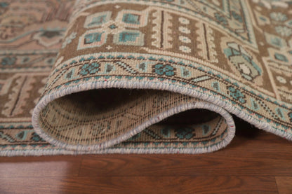 Hand Knotted Antique Heriz Warm Taupe and Sage 8x10 Geometric Medallion Wool Area Rug