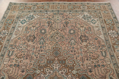 Hand Knotted Antique Heriz Warm Taupe and Sage 8x10 Geometric Medallion Wool Area Rug