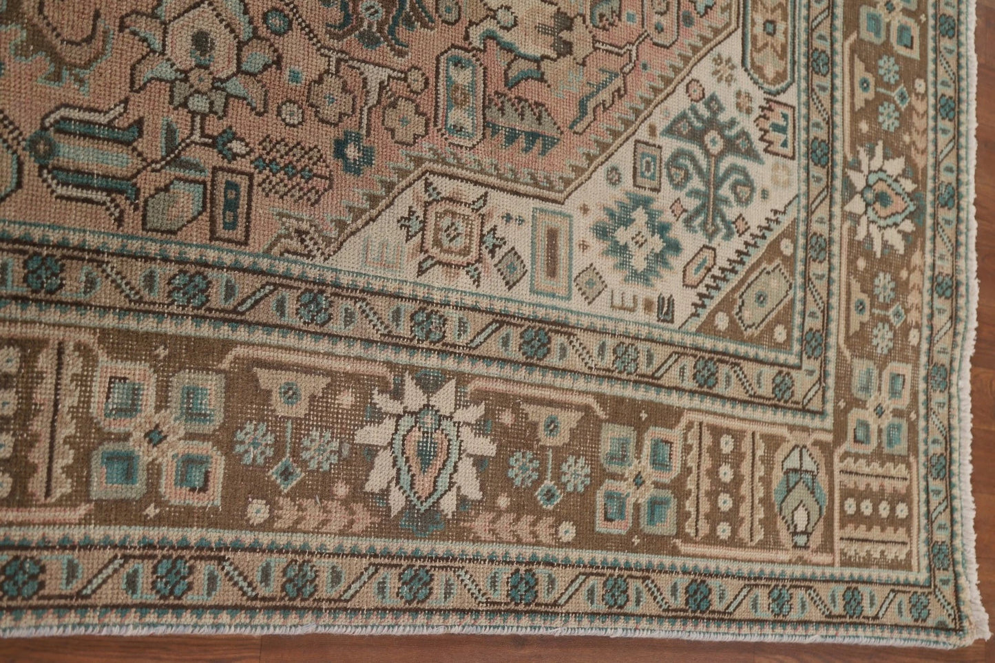 Hand Knotted Antique Heriz Warm Taupe and Sage 8x10 Geometric Medallion Wool Area Rug