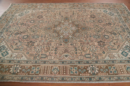 Hand Knotted Antique Heriz Warm Taupe and Sage 8x10 Geometric Medallion Wool Area Rug