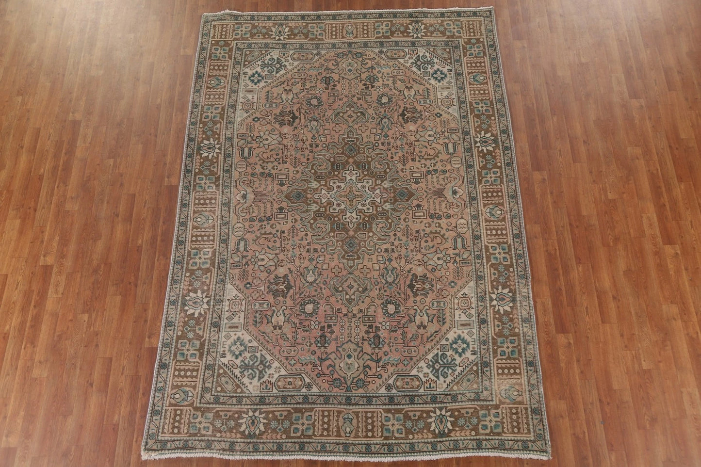 Hand Knotted Antique Heriz Warm Taupe and Sage 8x10 Geometric Medallion Wool Area Rug