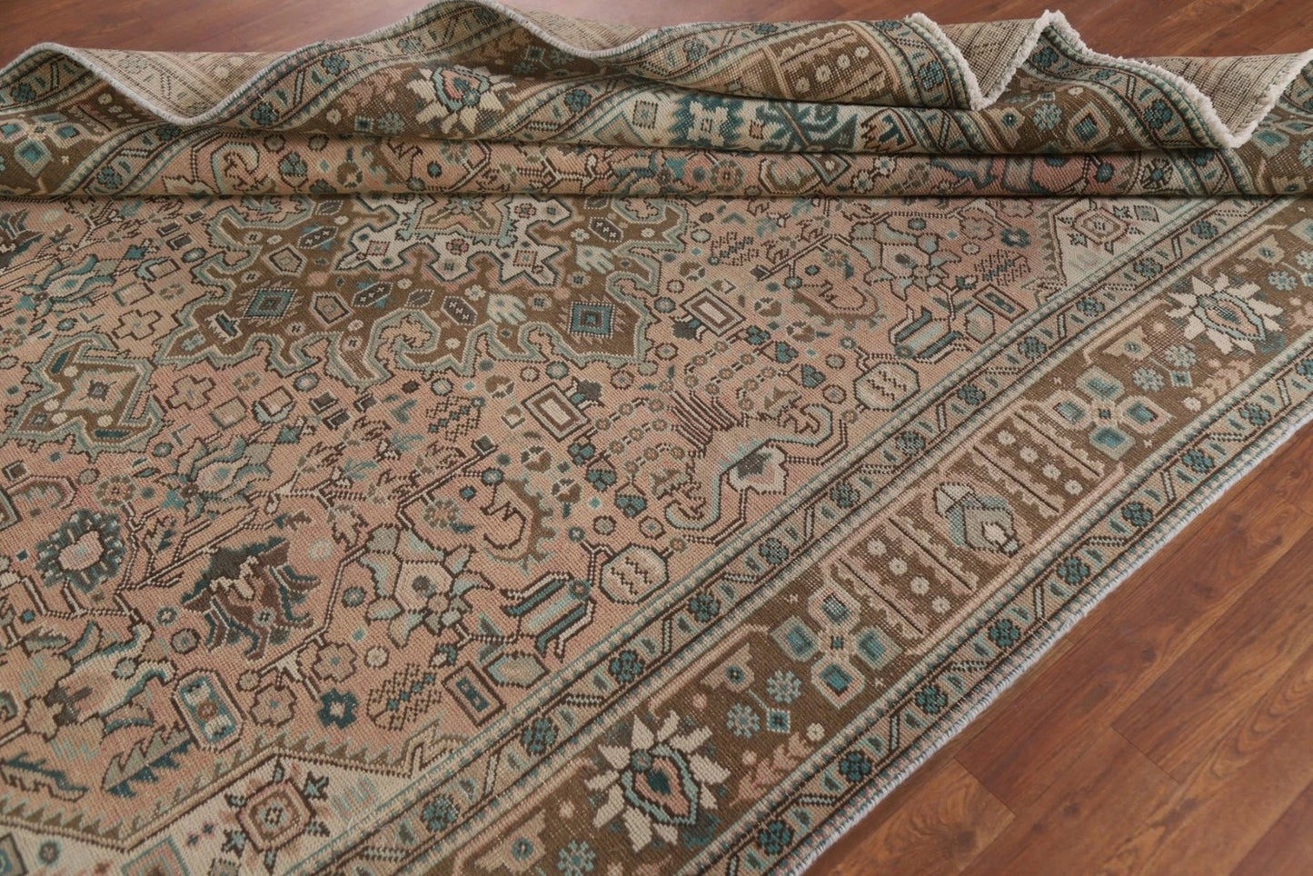 Hand Knotted Antique Heriz Warm Taupe and Sage 8x10 Geometric Medallion Wool Area Rug